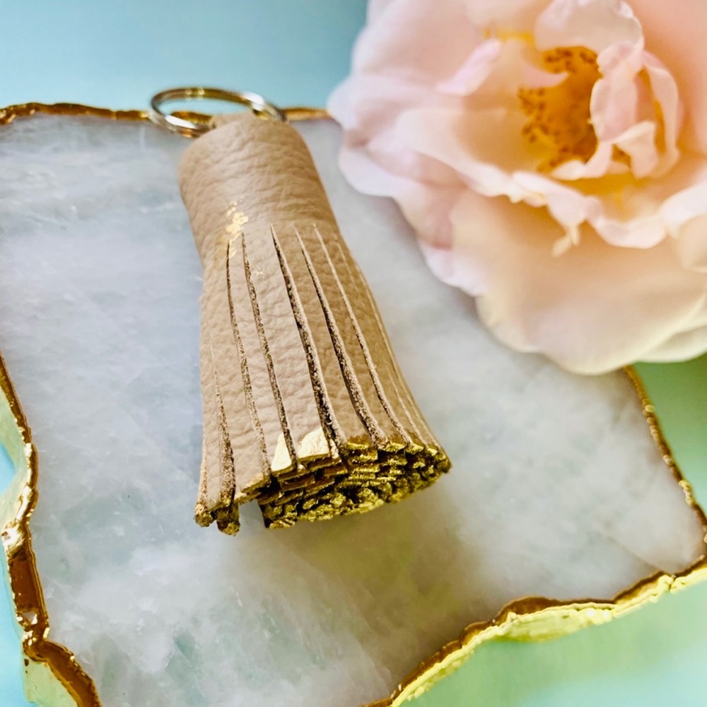 Leather Tassel Keychain Tan with Gold Accents